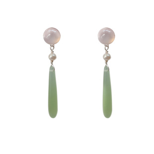 安妮花开|粉妆绿黛 复古淡水珍珠长水滴玛瑙耳环925银耳钉耳夹