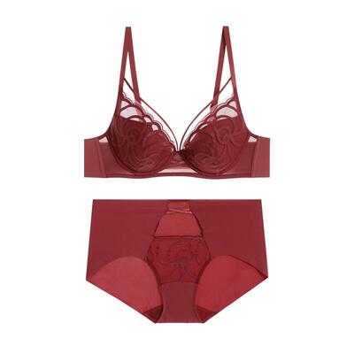 爱慕瑰丽内衣女无纺布大胸显小大罩杯本命年红薄杯文胸内裤套装