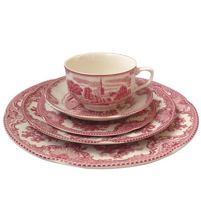 外贸出口英国Johnson brothers原单红色城堡餐具中西餐盘子咖啡杯