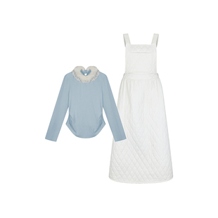 安妮不火 菱形格夹棉背带收腰A字连衣裙女微胖大码氛围感两件套装