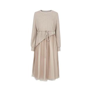 sdeer圣迪奥春装女装圆领收腰拼接网纱优雅连衣裙S241Z1205