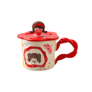 舍里可爱卡通陶瓷马克杯带盖高颜值家用喝水杯送女生礼物闺蜜对杯