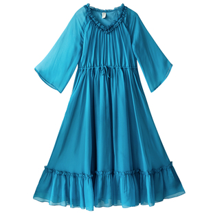 现货【望春峦】原创蓝色连衣裙女夏拼接系带收腰长裙木耳领雪纺裙