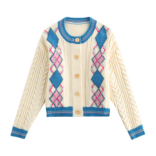 riverstone plus 美式复古学院风菱格纹毛衣女圆领针织麻花纹开衫