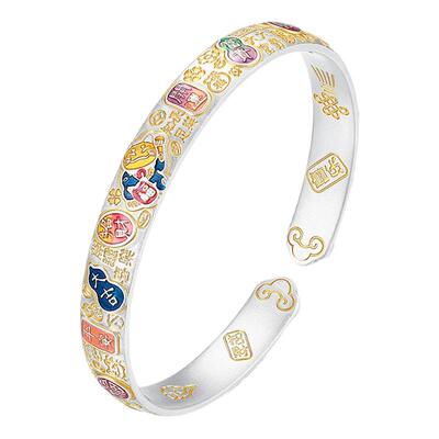 招财猫吉言银手镯女9999纯银珐琅彩国风开口银镯子生日礼物送女友