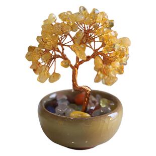 陶瓷花盆铜树枝黄水晶发财树摆件2026新款办公室紫水晶发财树摆件