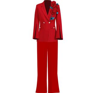 创意狐红色高端职业装西装套装女秋时尚气质主持人服装裤装两件套