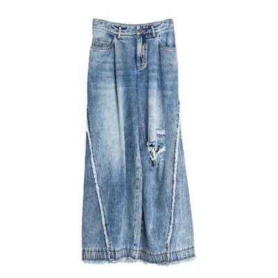 MONO FLAT刀割牛仔阔腿裤直筒低腰超宽松流苏牛仔裤全长