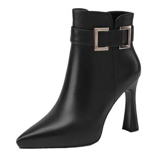 舒适软皮真皮尖头防水台粗跟短靴女2026秋冬加绒高跟鞋厚底马丁靴