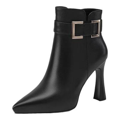 真皮短靴粗跟防水台尖头