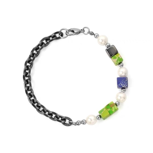 潮牌古巴手链男女ins轻奢小众 钛钢复古彩色方块拼接黑珍珠手饰品