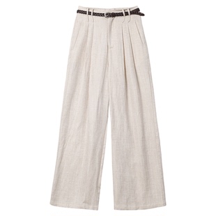 大洪洪【温柔晚风】春新款亚麻莱赛尔混纺高腰休闲女阔腿裤送腰带