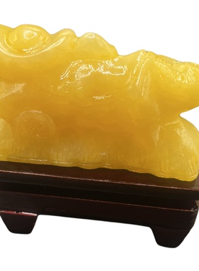 天然米黄玉牛拉白菜聚宝盆摆件