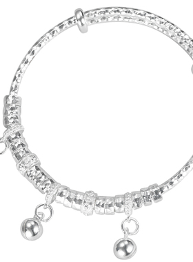 锤纹铃铛银手镯推拉可调纯银镯子