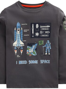 代购MiniBoden儿童夜光T恤 男童暗灰色太空纯棉长袖打底衫 2-14岁