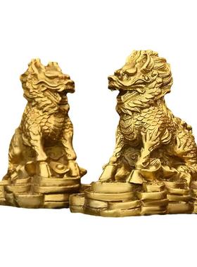 纯铜金钱麒麟摆件一对居家公司