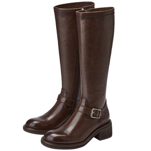 73hours女鞋关键帧冬季新款复古水洗皮粗跟骑士靴显瘦长筒靴