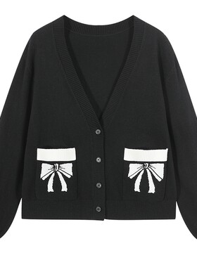 爱居兔针织衫外套女春减龄蝴蝶结口袋开衫V领毛衣外套女