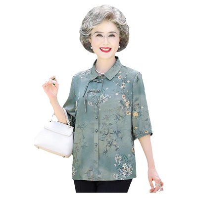 老年人夏装女真丝绸缎中袖衬衫