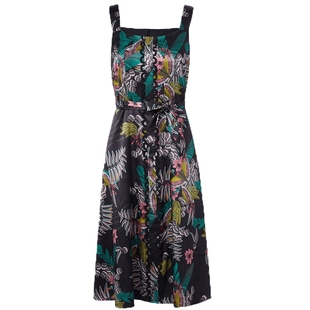 专柜正品马天奴夏季新款飞鸟花印花黑色吊带连衣裙子系带收腰度假