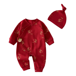 新生儿红色连体衣过年拜冬年服喜庆风婴儿哈衣和尚服男女宝宝爬服