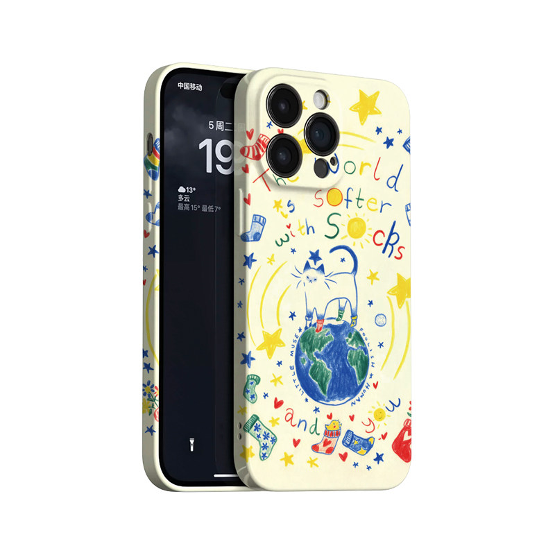 彩袜~卡通地球小猫ins适用苹果17promax手机壳iphone16华为nova14小米15童趣opporeno13软壳vivox200一加ace6