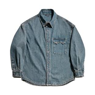 海上公路水洗复古衬衫外套男春秋宽松版简约百搭做旧长袖牛仔夹克