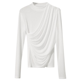 Amii2025秋新款极简气质圆领修身弹力网纱针织透肤打底衫T恤女