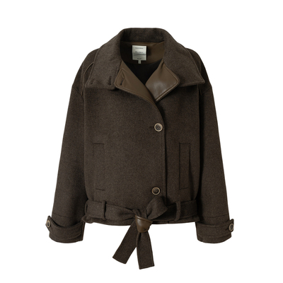 绵羊毛拼皮单面呢短款系带大衣