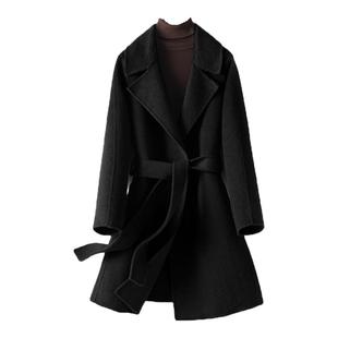 羊毛大衣女中长西装领系带收腰双面妮子秋冬新款高端气质毛呢外套