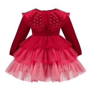 秋冬新年服女童娃娃领公主裙连衣裙渐变红礼服宝宝生日晚会表演服