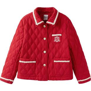 巴拉巴拉童装儿童外套女童棉服春装上衣翻领绣花红色拜年服小香风