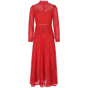 马天奴春夏新款女红色蕾丝立领收腰长袖连衣裙子长裙气质时尚流行