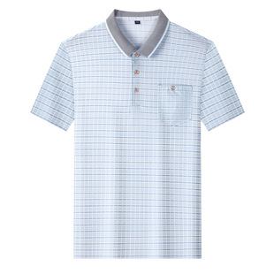 啄木鸟中年爸爸装短袖t恤男翻领格子polo衫2025夏季薄款冰丝上衣