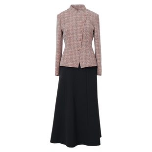 毛呢套装裙女2026春季新款女装咖色立领西装外套修身半身裙两件套