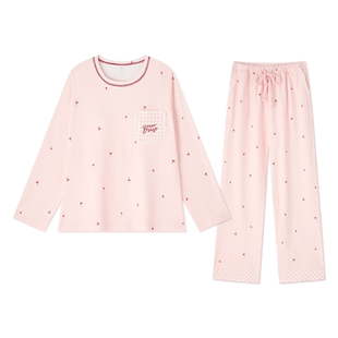 纯棉睡衣女款2026新款秋春长袖长裤带胸垫女士套头家居服粉色夏季