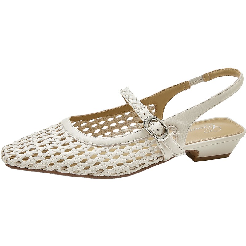 康莉镂空编织包头凉鞋女2026夏季新款小众设计透气粗跟后空凉单鞋