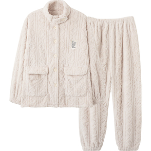 SLEEPTIGHT珊瑚绒情侣睡衣女款冬天简约加厚加绒男士毛茸茸家居服