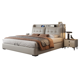 政府补贴蓝色理想平移气压真皮床带灯多功能床头储物高箱皮床