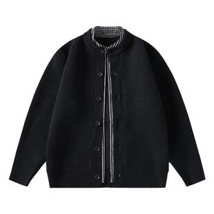 假两件开衫针织衫男宽松立领格子衬衫拼接毛衣外套纽扣款夹克卫衣