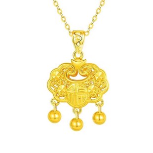 古法黄金色长命锁铃铛项链女沙金平安锁小金锁吊坠生日礼物送女友