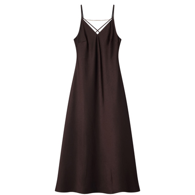 COVERINS夏季高级缎面感醋酸v领吊带连衣裙长款CC34105070