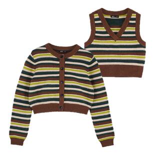 A21女装两件套毛织外套春季休闲条纹合身V领小马甲百搭修身外套