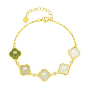 周大生四叶草和田玉手链银S925国风高级手饰闺蜜生日礼物送女友