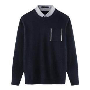 HLA/海澜之家双领针织衫秋冬修身纯色口袋双领保暖假两件套头衫男