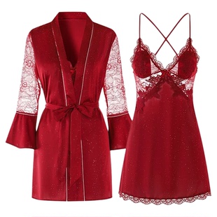 真丝睡衣女性感圣诞节红色吊带睡裙新娘结婚晨袍家居服套装带胸垫