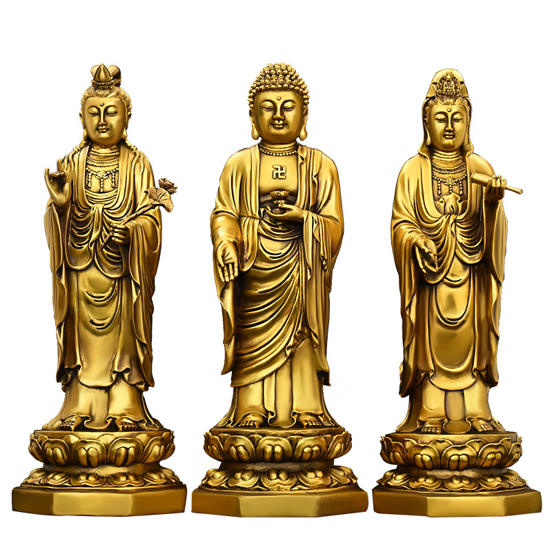 纯黄铜西方三圣佛像摆件
