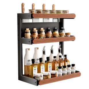 中古风实木调料品置物架多功能厨房台面调料罐调味料瓶刀架收纳架