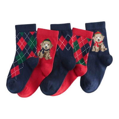 现货NEXT圣诞节儿童袜子 26春秋男童红色格纹狗无骨中筒运动袜5双