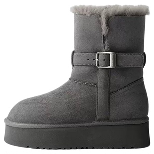 「鞋登」8cm厚底灰色雪地靴女2026新款皮毛一体加绒防滑防水棉靴